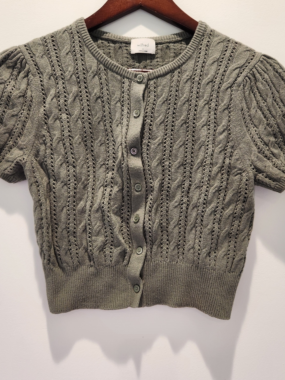 Wilfred Fey Olive Green Short Sleeve Cable-Knit Merino Wool Cardigan